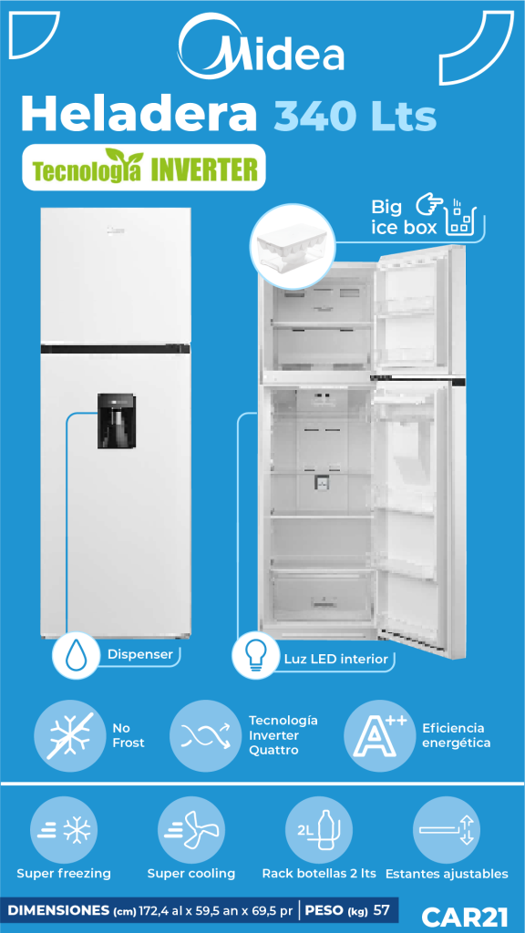 HELADERA MIDEA NF 340L BLANCA INVERTER